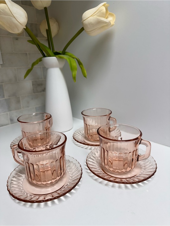 Forte Crisa Other - Vtg Forte Crisa Cup & Saucer Radiance Pink Glass Ribbed Set Of 4 Elegance EUC